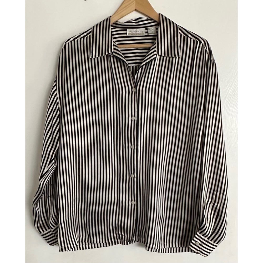 VTG New York City Design Co Silk Striped Button‎ Down Blouse Black White Size 10